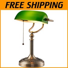 Classic Antique Green Glass Bankers Desk Lamp with Vintage Pull Chain Switch/-