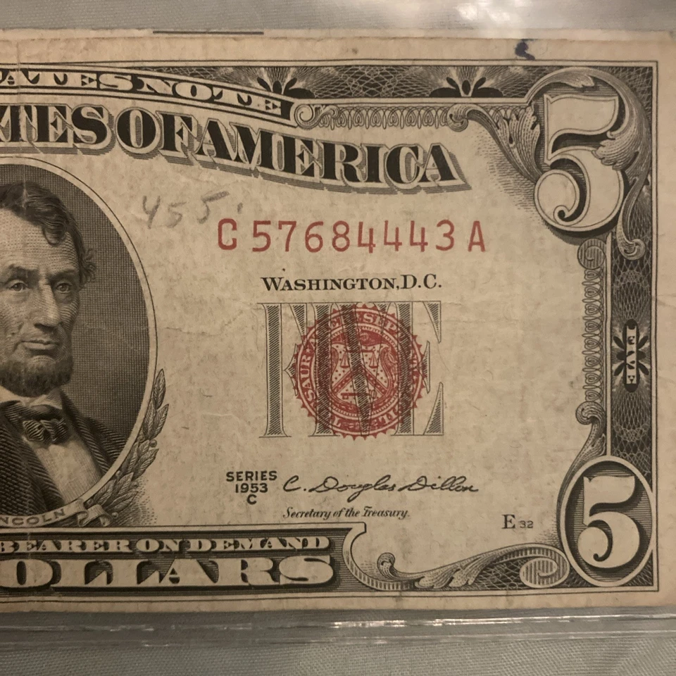 1953 C $5 Red Seal Note - Five Dollar Bill - Five - Banknote - Free Shipping - Image 4 of 4