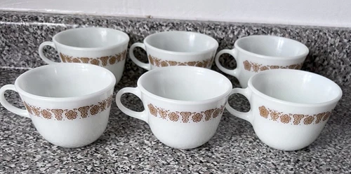 Set of 6 Vintage Pyrex Corning Coffee Cups Mugs Butterfly Gold