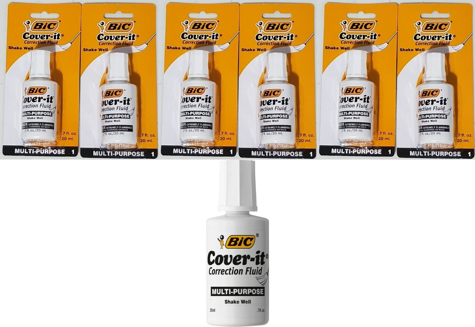 Bic Cover it White Out Correction Fluid 0.7oz Multi Purpose 6 PACK
