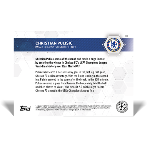 2021 TOPPS NOW UCL Christian Pulisic #76 Chelsea FC! - Foto 2 di 2