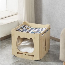 Cat Wood House with Hammock, Cave Cat Bed for Resting, Playing, and Climbing