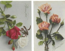 2 postcard old pink flowers Happy Birthday circa 1920