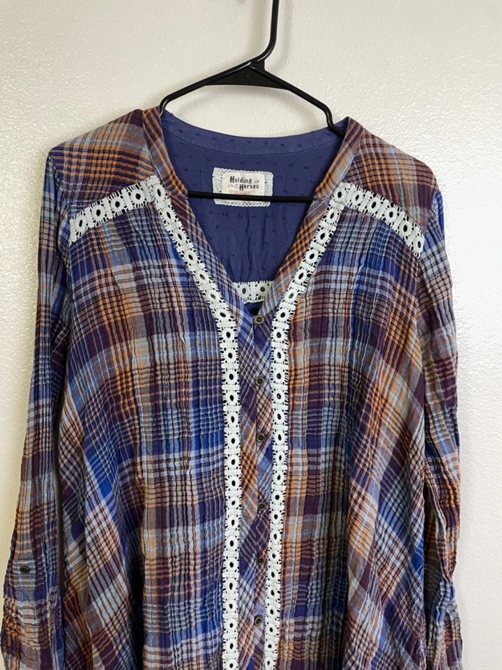 Vestido Holding Horses Cuadros Manga Larga Botones Cuello en V Boho Hi Lo Para Mujer Grande Foto 3 de 4