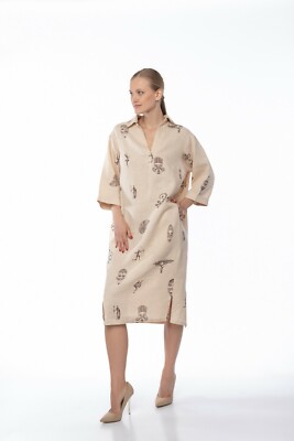 Linen dress, Handmade printed linen beachwear, African pattern loose shirt  dress
