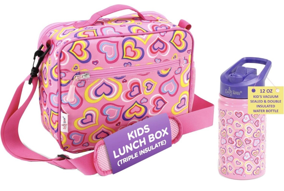 NEW Emily Rose Lunch Box W/ Strap Pink Playful Hearts Stainl