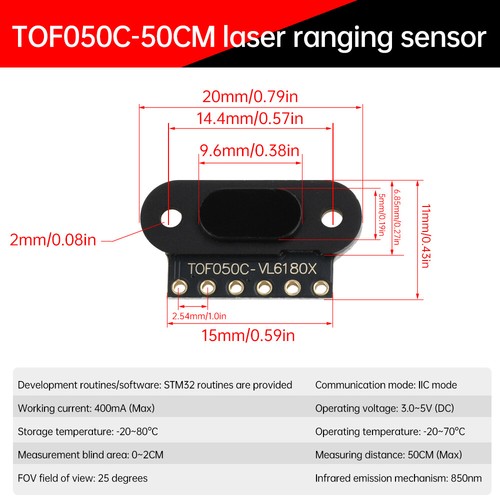 Módulo de sensor de rango láser TOF200C 400C 1-10 PIEZAS TOF200C distancia de tiempo de vuelo IIC - Imagen 6 de 23