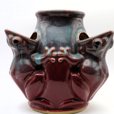 EXCEPTIONAL Majolica Pottery Dancing Frog 4 Hole Planter Burgundy Blue 6 1/2''