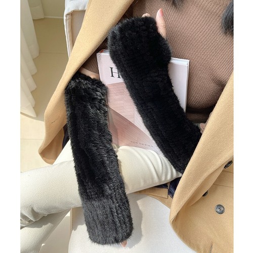 12"/16" Women's Real Mink Fur Fingerless Knitted Gloves Wrist Mittens Sleeves - Photo 4/12