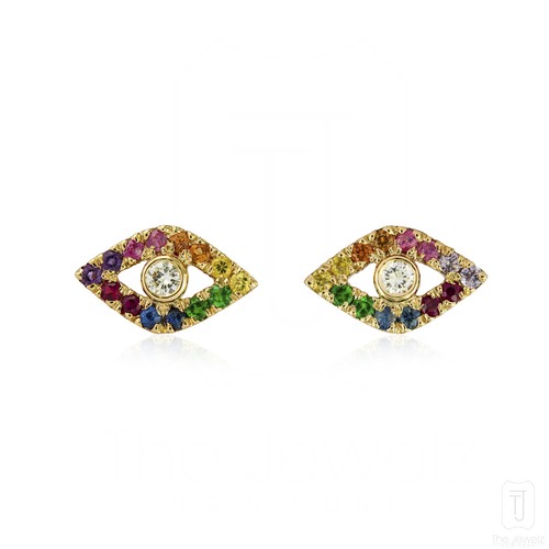 14K Gold VS/F-G Diamond And Multi Sapphire Gemstone Evil Eye Earrings Jewelry - Picture 3 of 6
