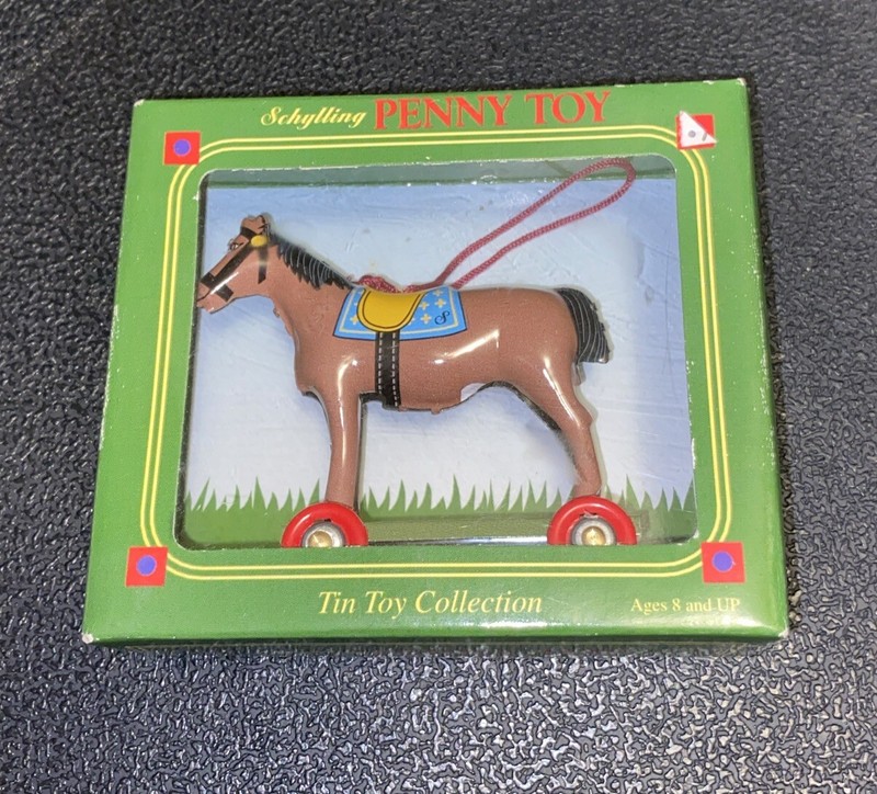 Vintage 2003 Schylling Penny Toy Tin Toy Wheeled Brown Horse Christmas Ornament