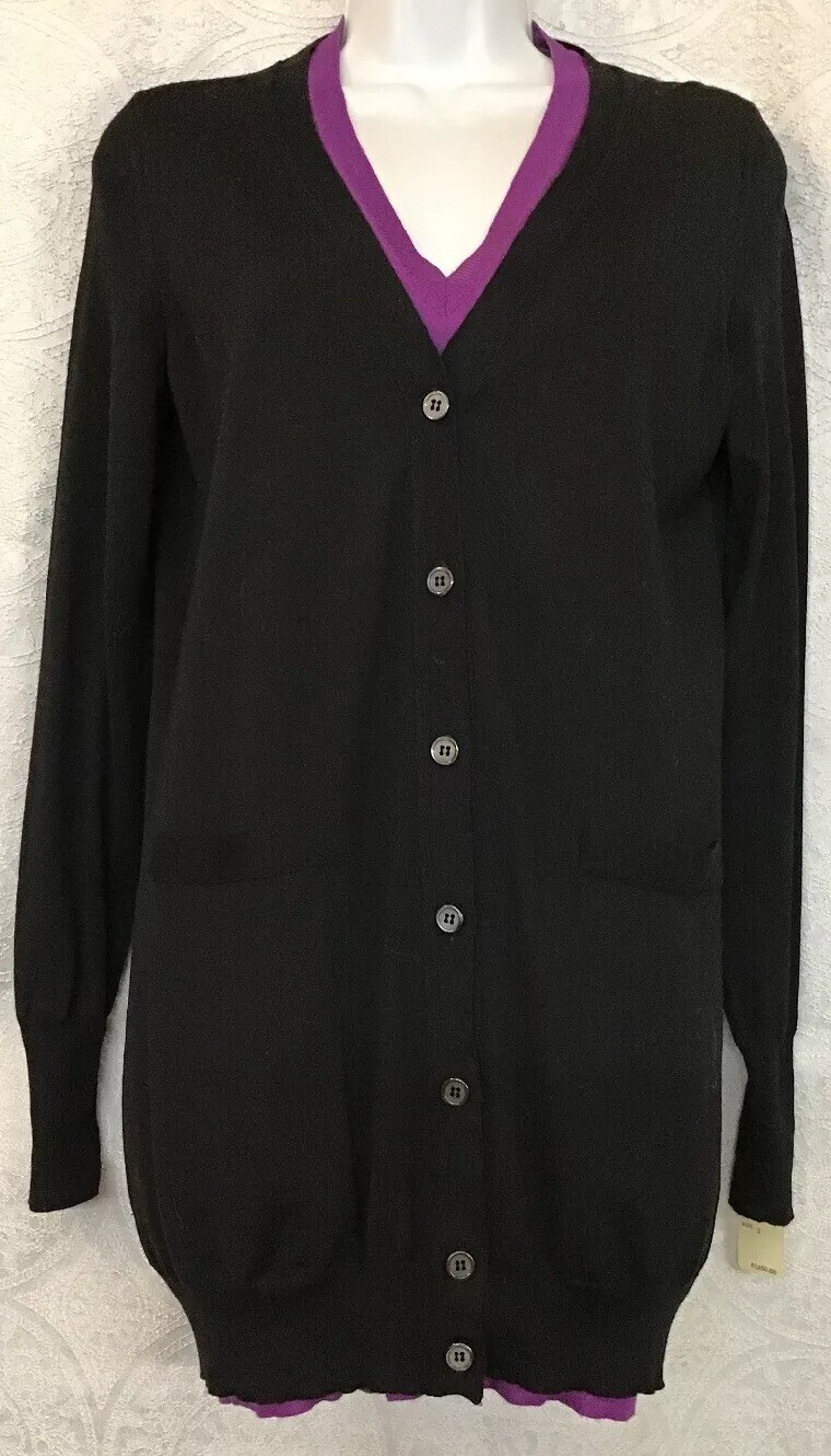 Maglione Yves Saint Laurent cardigan nero e viola lungo abbottonato nuovo con etichette taglia S