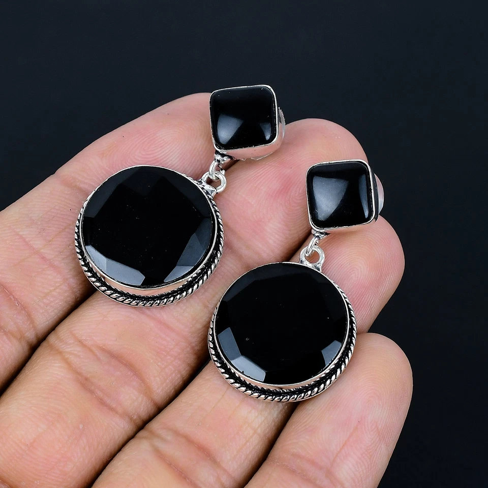Brincos de prata esterlina 925 feitos à mão com pedra preciosa espinélio preto 1,6" VJ 5338 - Imagem 3 de 4