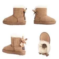 UGG Kid Double Face Sheepskin Bailey Bow Boots Water Resistant Non Slip Chestnut