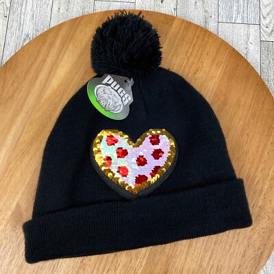 Pugs Gear Beanie Cap Hat Black Heart Reversible Sequins Pom Knit