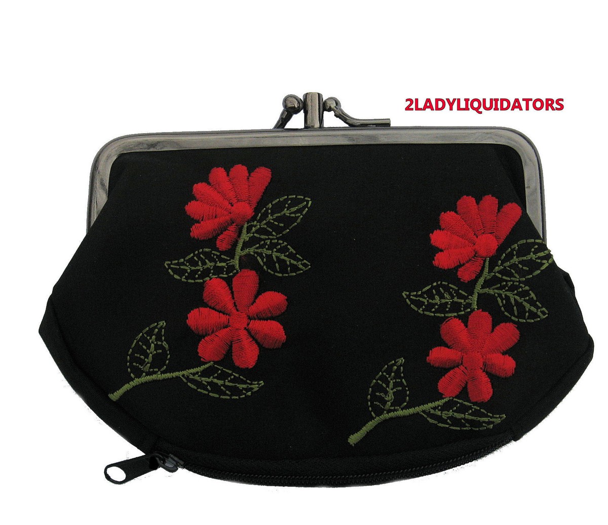 BLACK ROSE RED LARGE COMPARTMENT EMBROIDERED COIN PURSE BAG