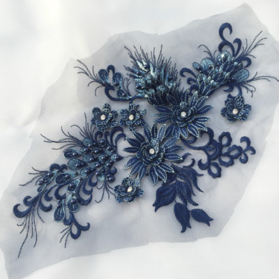 Applique Dentelle 3D Fleur Perles Bleu Ciel – Patch Broderie Mariage Couture 39x23 Cm Grand