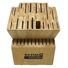 SIX STAR + Cutlery 30 Slot Knife Block Solid Wood Labeled Slots Honey Oak Heavy