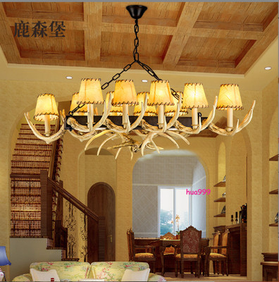 American Retro Deer Horn Pendant Light Living Room Dining Resin Iron Chandelier