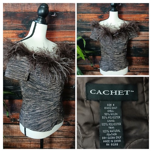 Cachet Top Size 8 Off Shoulder Brown Textured Real Feather Trim Zip Back Elegant