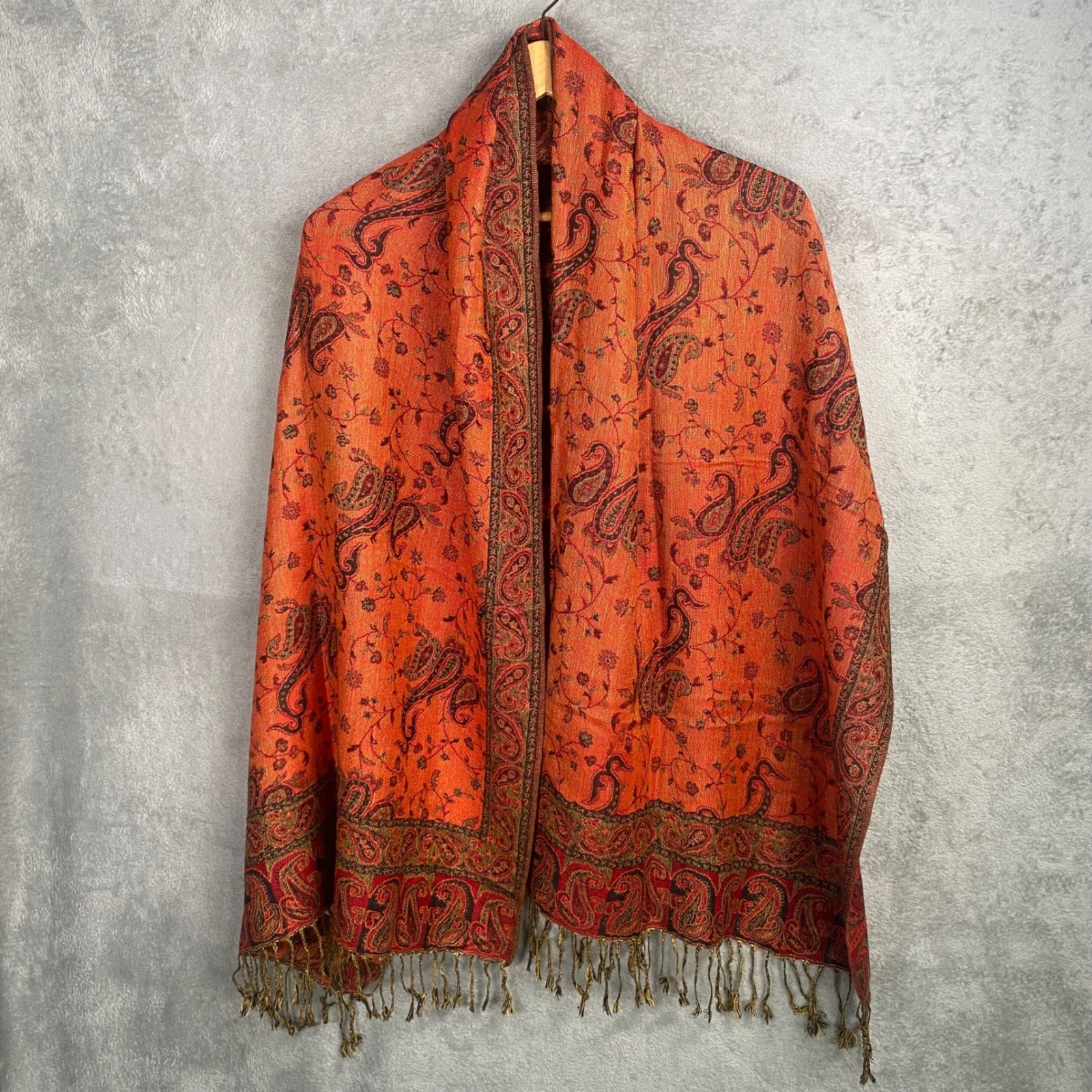 Pashmina Silk Scarf Wrap Shawl Paisley Print Fringe Old Money Luxury Boho Chic