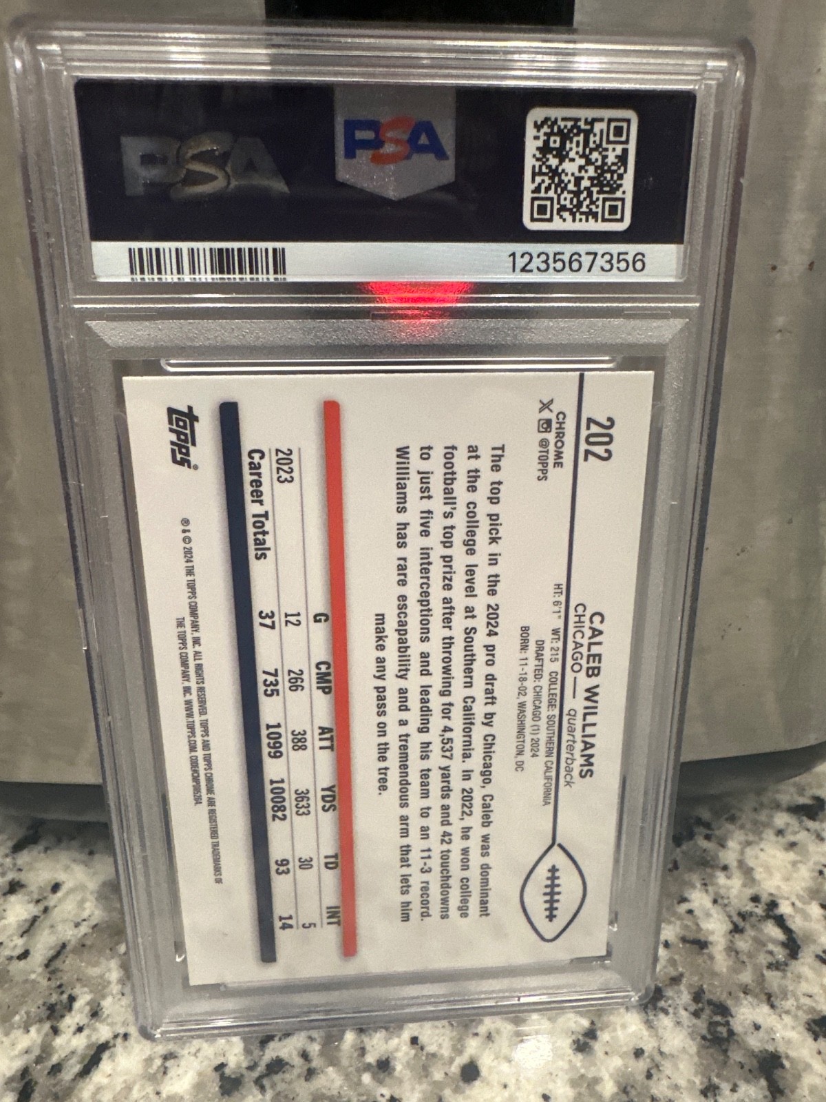 Caleb Williams 2024 Topps Chrome TRUE BLUE RC Refractor /150 PSA 9 Color Match view 2