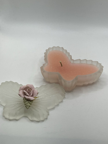 Vintage Butterfly Shape Frosted Glass Candle Holder- With Lid - Pink Rose on Top - Picture 1 of 24