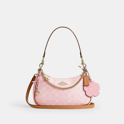 NWT Coach Gold Powder Pink Teri Shoulder Bag Signature with Charms