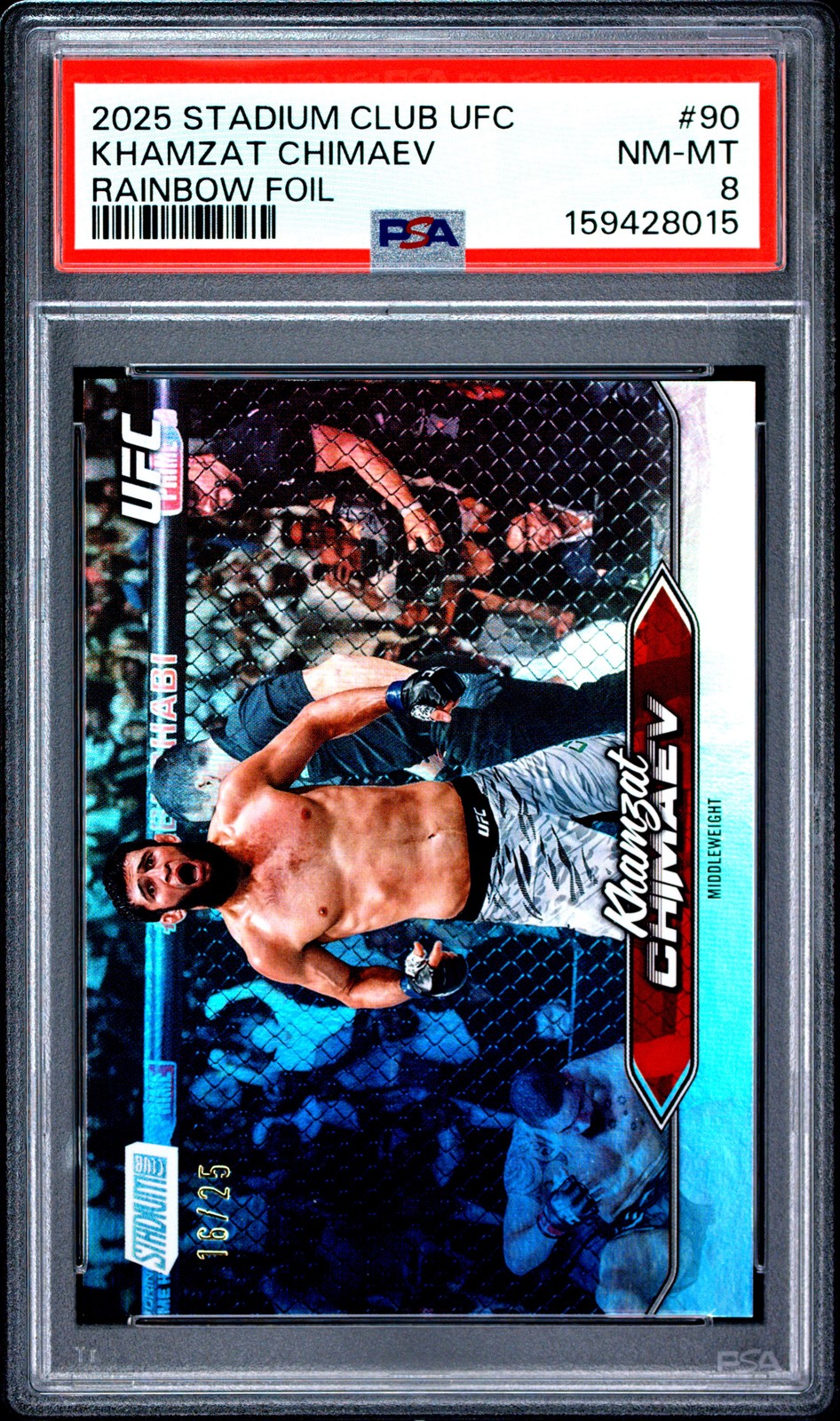 2025 TOPPS STADIUM CLUB UFC RAINBOW FOIL #90 KHAMZAT CHIMAEV 16/25 PSA 8