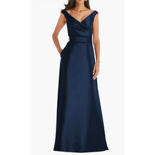 Alfred Sung Off Shoulder Satin Dress 4 Blue NWOT Gown Formal Wedding D811S
