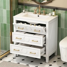 30'' Bathroom Vanity White w/Ceramic Sink Combo 3 Drawers, Solid Wood Storage