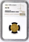 1861 Gold $2.5 Quarter Eagle Type 2 Reverse NGC AU58