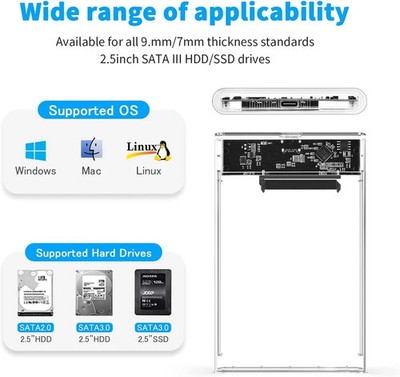 2.5 SSD Enclosure 5Gbps Hard Drive Case Tool Free SATA to USB 3.1 Solid State Dr