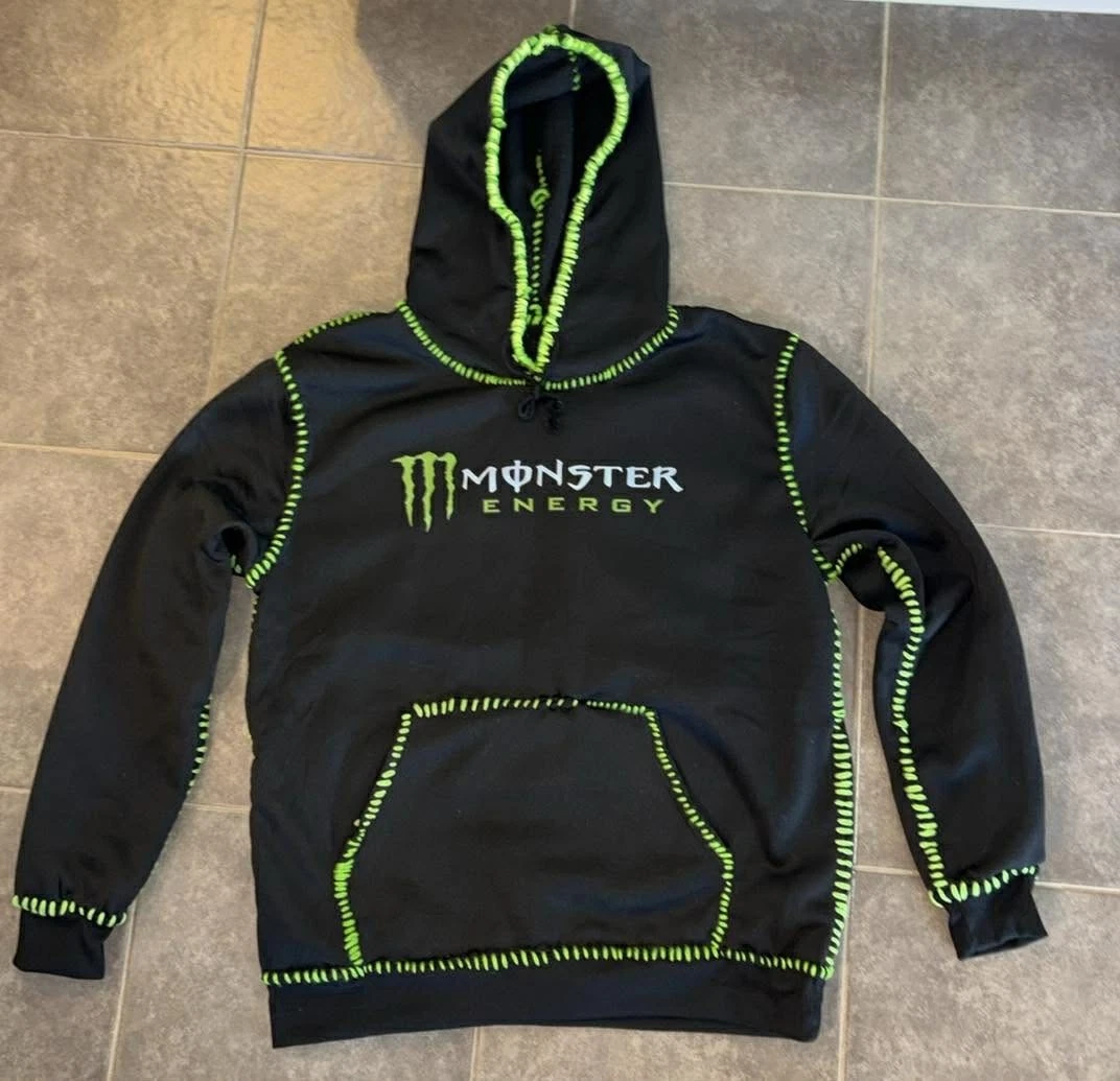 Custom OOAK Monster Energy Hand Stitched Hoodie Sweater Green Yellow size L