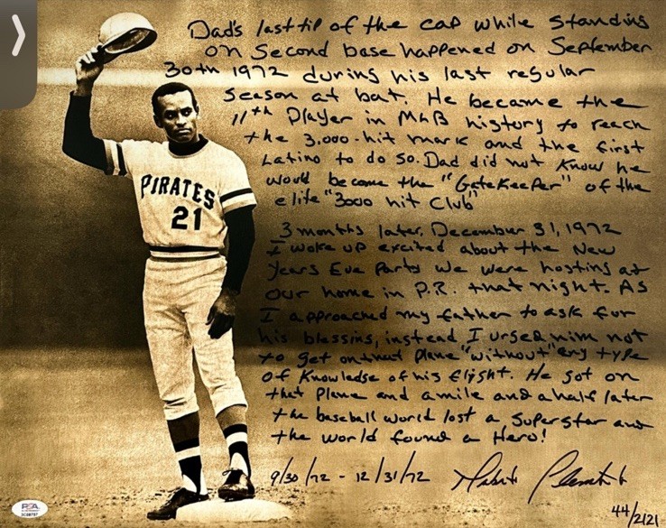 Roberto Clemente Jr Signed 16x20 Roberto Clemente Story Photo LE/2121 PSA