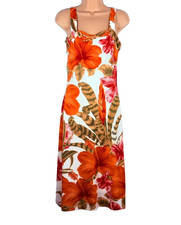 Summer Tropical Floral Midi Dress Orange Cream Holiday Beach Size 10 Vintage