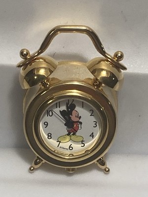 Vintage Disney Mickey Mouse Mini Quartz Alarm Clock w/ Bell Gold Tone