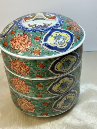 Japanese Imari Jubako Box 3 Tier Stacking Bowls 8”T 6” Diameter Each Level 2”T