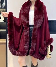 Women's Elegant Faux Fur Cape Shawl Warm Poncho Outerwear Cloak Coat Burgundy UK