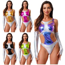 Women Bodysuit Shiny Clubwear Hollow Out Jumpsuit Space Themed Catsuit Disco
