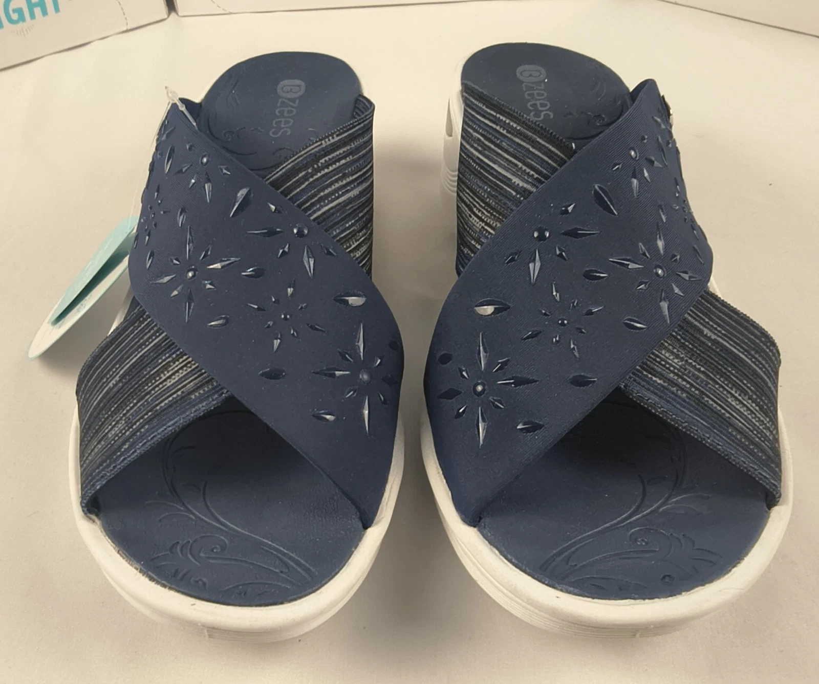 Bzees Diamond X-Band Womens Comfort Navy Blue Wedge Slides 11 6 NIB