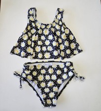 Nicole Miller Girls Size 7-8 Black White Yellow Daisy Bikini Swimsuit 2-Piece