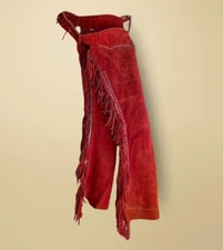 Handmade Red Suede Fringe Chaps – Studded Western Cowgirl Riding Gear