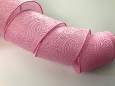Pink Floral Embossed Ribbon, 2 1/2" Wide, Wired Edge, 5 YARDS