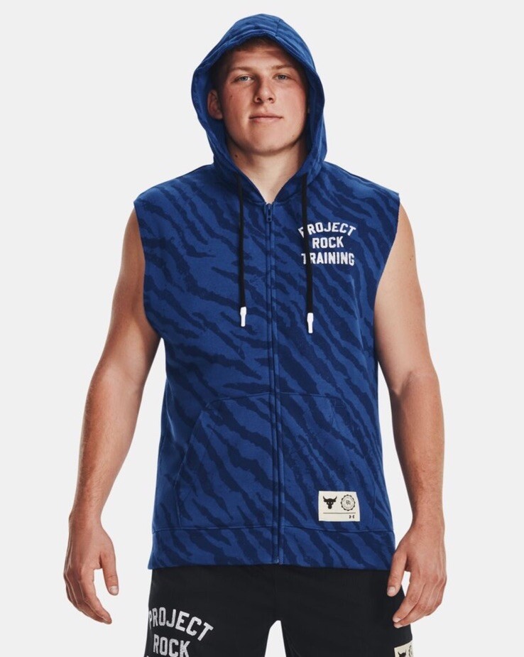 UNDER ARMOUR Project Rock Rival Sleeveless Fleece Hoodie Blue Men’s M *NEW*  $80
