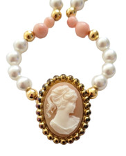 Victorian Style Choker Necklace Pink Cream Resin Cameo Brooch Lady Faux Pearls