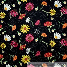 BonEful Fabric FQ Cotton Quilt Black White Pink Yellow Daisy Flower Green Garden