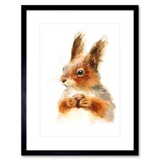 Eichhörnchen Aquarell mit Nuss Kunstplakat Gerahmter Kunstdruck 30x40 cm
