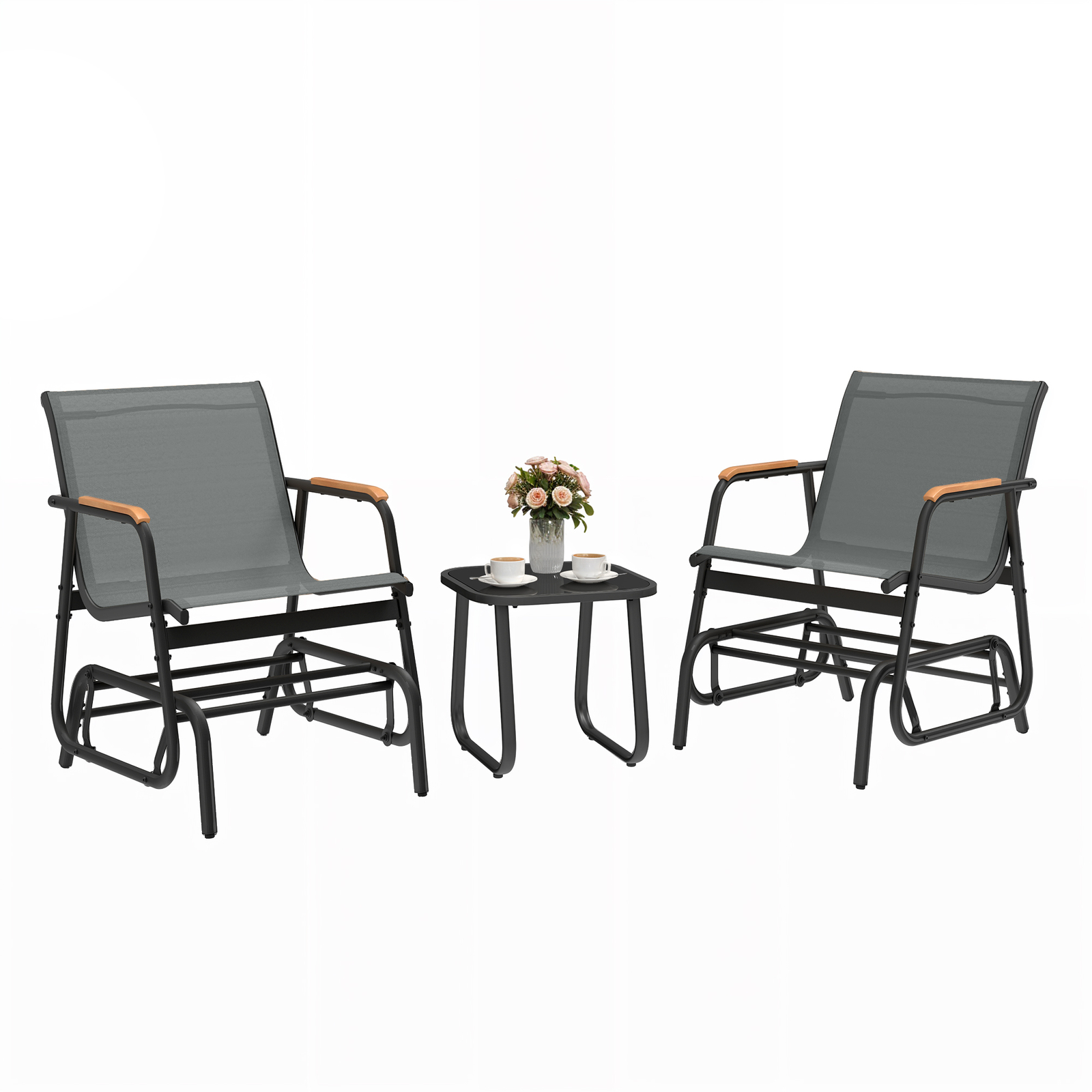 3 Piece Patio Furniture Set Glider Chair Bistro Set with Tempered Glass Tabletop