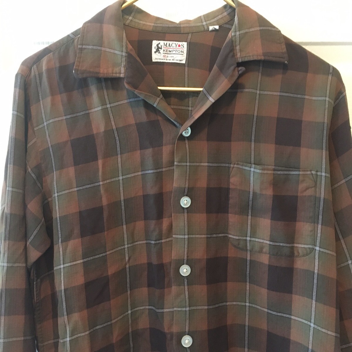 vtg MACY'S Kempton shadow plaid Shirt 1950-60s Rayon Rockabilly